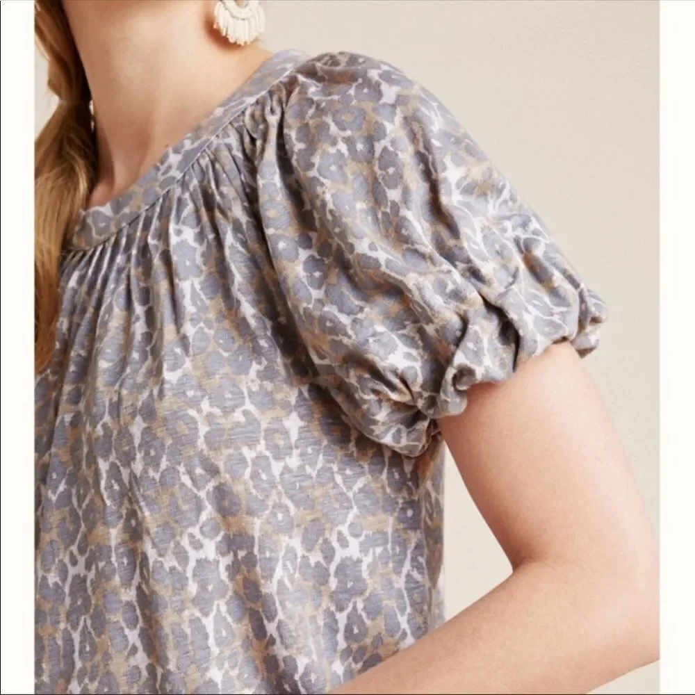 Anthropologie S Maeve Linen Puff Sleeve Leopard Top